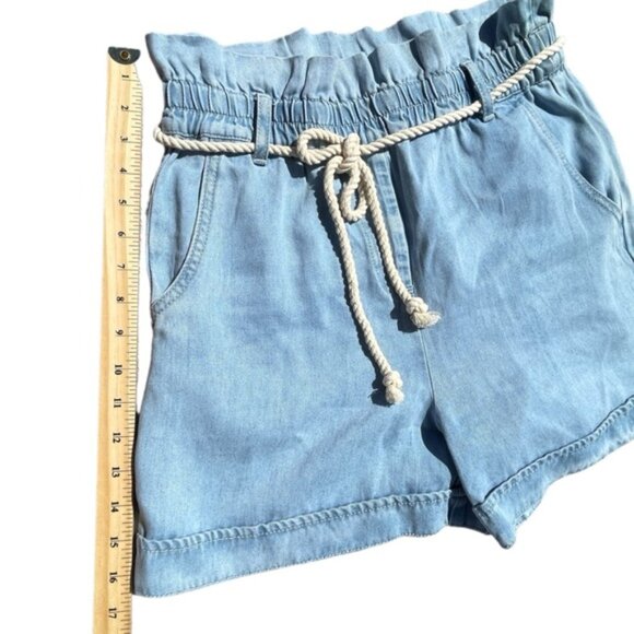 Blue Chambray High Waist Paper Bag Shorts Rope Belt Coastal Nautical Western - Picture 10 of 11